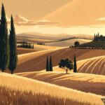 Luxurious minimalist 2:1 flat vector of golden-hour Tuscan landscape, elegant cypress-lined hills, distant medieval village silhouette, warm sophisticated tones, premium editorial blog header style