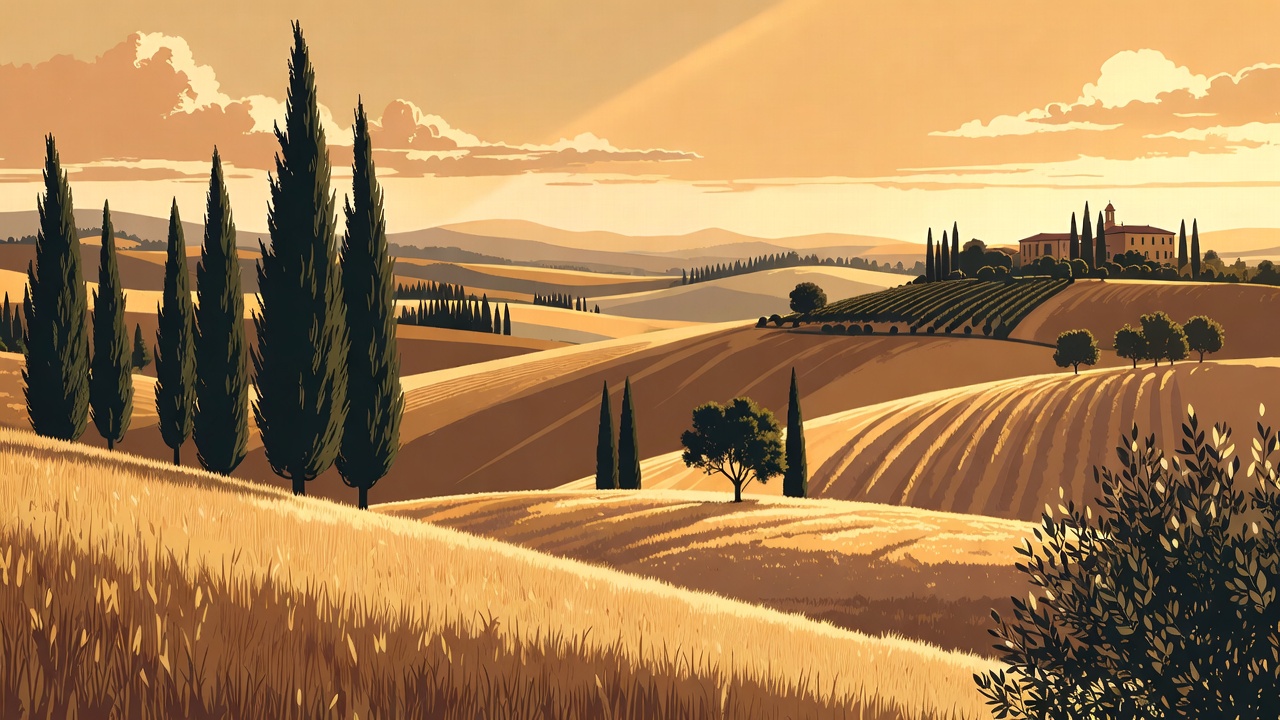 Luxurious minimalist 2:1 flat vector of golden-hour Tuscan landscape, elegant cypress-lined hills, distant medieval village silhouette, warm sophisticated tones, premium editorial blog header style