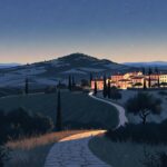 Luxurious minimalist 2:1 flat vector of a serene Italian hilltop village at dusk, elegant winding path leading to stone houses, soft warm twilight tones, premium editorial style with subtle vineyard silhouette
