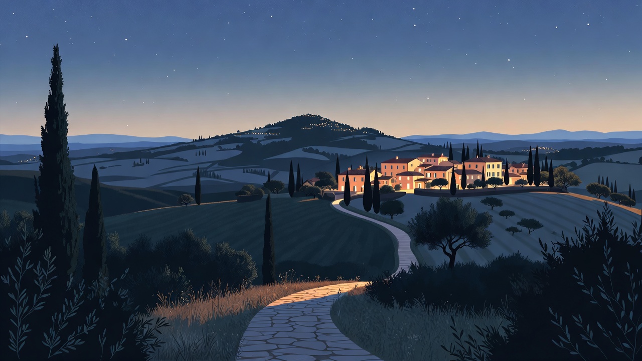 Luxurious minimalist 2:1 flat vector of a serene Italian hilltop village at dusk, elegant winding path leading to stone houses, soft warm twilight tones, premium editorial style with subtle vineyard silhouette